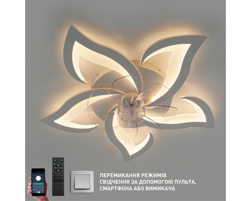 Керована світлодіодна люстра з вентилятором FAN ELLA 72W+18W 5F APP-680×120-WHITE/WHITE-220-IP20