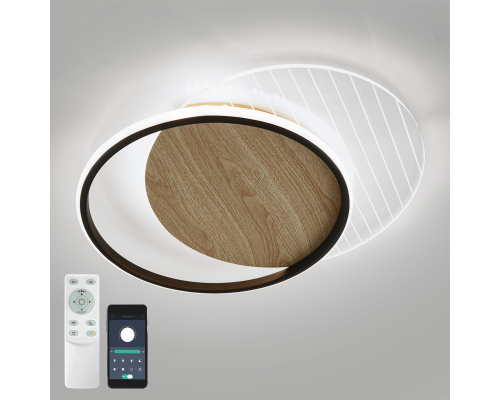 Керована світлодіодна люстра AMATO 60W 2R APP-400×505×52-BLACK/WOOD/CLEAR-220-IP20