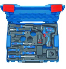 Акумуляторний шуруповерт + набір ручного інструменту Bosch Professional GSR 12V-15 (12 В, 2х2 А*год) (060186810R)