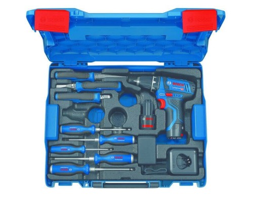 Акумуляторний шуруповерт + набір ручного інструменту Bosch Professional GSR 12V-15 (12 В, 2х2 А*год) (060186810R)