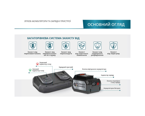 Акумуляторна ланцюгова пила Konner & Sohnen KS CS40V-16 set (40 В, 4 А*год, 2×3.5 А, 400 мм)