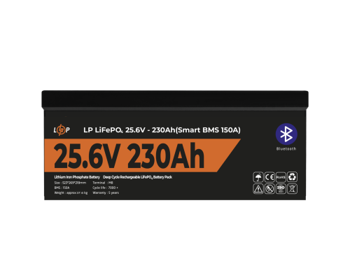 Акумулятор LP LiFePO4 25,6V - 230 Ah (5888Wh) (Smart BMS 150А) з BT пластик 