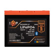 Акумулятор LP LiFePO4 12,8V - 64Ah (820Wh) (BMS 80A/64А) пластик Smart BT