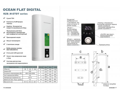 Водонагрівач OCEAN FLAT RZB50M, ET+DT (50л Digital)