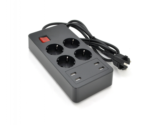 Мережевий фільтр на 4 розетки + 4 USB виходи 5V-2.4A, 16A, 4000W