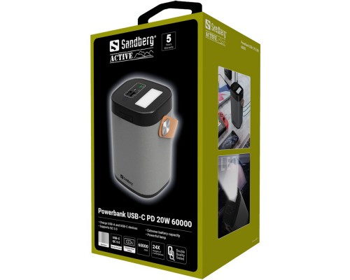 УМБ Sandberg 60000mAh 20W, 3A PD,QC3.0/VOOC, UPS mode, 2хUSB, Type-C OUT, ліхтарик 3W 