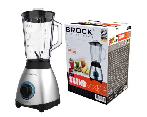 Блендер BROCK BL 1502 SS стаціонарний 500Вт/ скляна чаша 1,5л/ PULSE/ 2 швидк./дроблення льоду/метал 