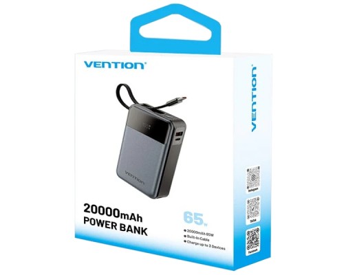 УМБ Vention 20000mAh 65W 3A PD,QC3.0,USB-A,1хType-C OUT,with Built-in USB-C Cable, LED Display,Black 