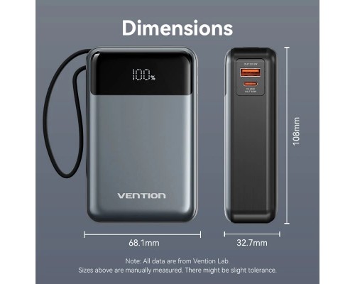 УМБ Vention 20000mAh 65W 3A PD,QC3.0,USB-A,1хType-C OUT,with Built-in USB-C Cable, LED Display,Black 