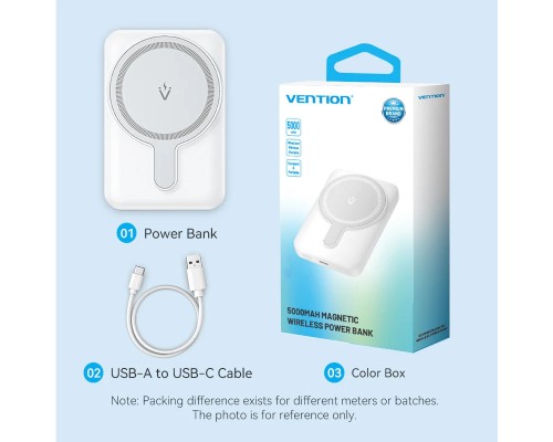 УМБ Vention Magnetic Wireless 5000mAh 20W 3A, PD 1xUSB-C,Light Indicator, White 