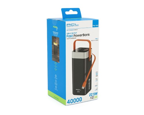 Powerbank ACL PW-142 40000mAh, PD22.5W, 4xUSB+USB-C, 4 кабелі (USB/Micro/Type-C/Lighting), Ліхтар, 0.92 кг, Black/White, Box 