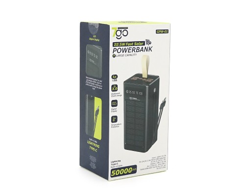 Powerbank 7GO GPW-01 50000mAh, Solar, Fast charge PD22.5W, Li-pol, LCD Display, Вхід:Type-C, Виходи: 2xUSB Type-C, 4xUSB Type-A, кабелю Type-C/Lightning, 1,080, Black, Box 