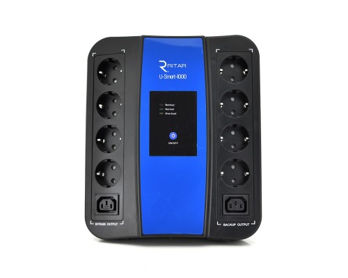 ДБЖ Ritar U-Smart-1000 (600W), LED, AVR, 3st, 8xSCHUKO socket, 1x12V9Ah, USB x2, RJ45, plastik Case 