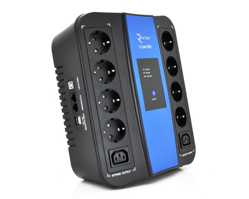 ДБЖ Ritar U-Smart-1000 (600W), LED, AVR, 3st, 8xSCHUKO socket, 1x12V9Ah, USB x2, RJ45, plastik Case 