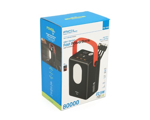 Powerbank ACL PW-143 80000mAh, PD22.5W, 3xUSB+USB-C, 4 кабелі (USB/Micro/Type-C/Lighting), Ліхтар, 1,64 кг, Black/White, Box 