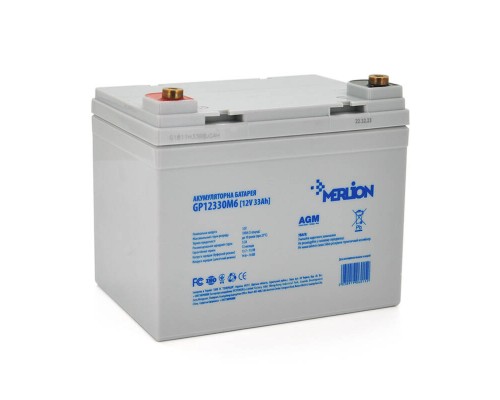 Акумуляторна батарея MERLION AGM GP12330M6 12 V 33 Ah ( 195 x 130 x 155 (165) ) 9.8 kg White Q1 