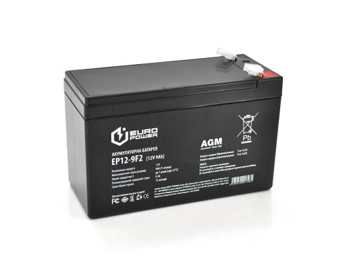 Акумуляторна батарея EUROPOWER AGM EP12-9F2 12 V 9Ah ( 150 x 65 x 95 (100) ) Black Q10 