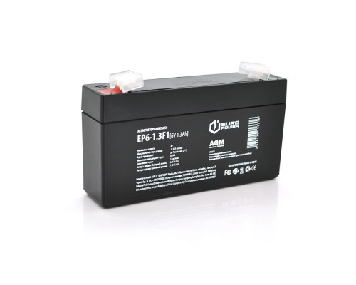 Акумуляторна батарея EUROPOWER AGM EP6-1.3F1 6 V 1.3 Ah ( 95 x 25 x 50 (55) ) Black Q40 