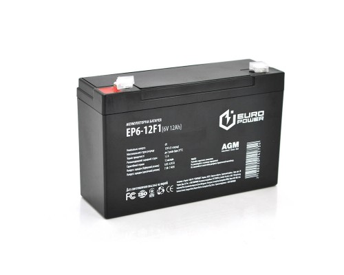 Акумуляторна батарея EUROPOWER AGM EP6-12F1 6 V 12 Ah ( 150 x 50 x 95 (100) ) Black Q10 
